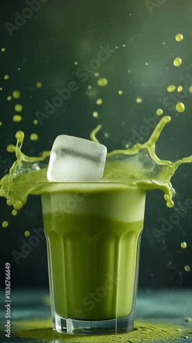 Glass with ice falling into matcha drink, full splash bloom captured in slow motion 