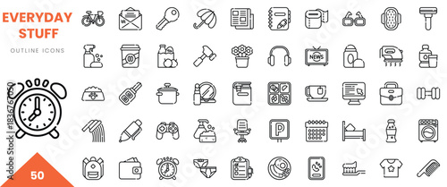 Collection of everyday outline icons showcasing various daily items and activities.