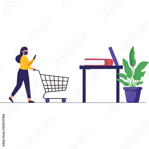 Woman Wearing Face Mask Pushing Shopping Cart Holding Mobile Phone In Minimalist Interior With Desk Plant And Books