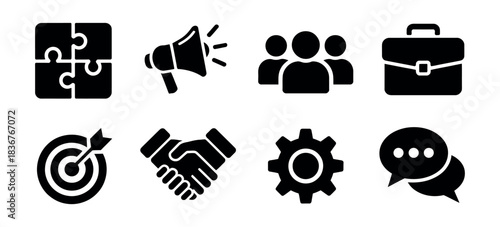 Business Icons Vector – Black Puzzle, Megaphone, Group, Briefcase, Target, Handshake, Gear, Chat Symbols