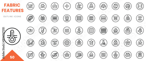 A collection of 50 outline icons showcasing various fabric features and qualities.