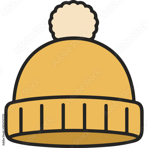 Yellow Beanie Hat with White Pom Pom Simple Icon Graphic Design Minimalist Winter Apparel Cold Weather Accessory Cozy Warm Headwear Flat Illustration Simple Vector Style