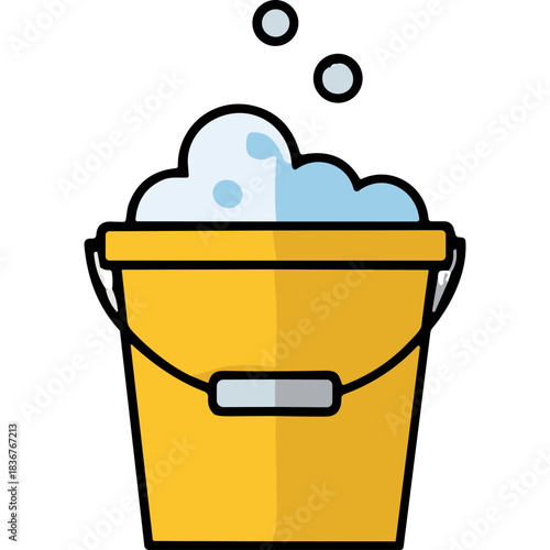 Yellow Bucket Filled With Blue And White Suds And Bubbles In A Simple Clean Flat Design With Black Background And A Metal Handle