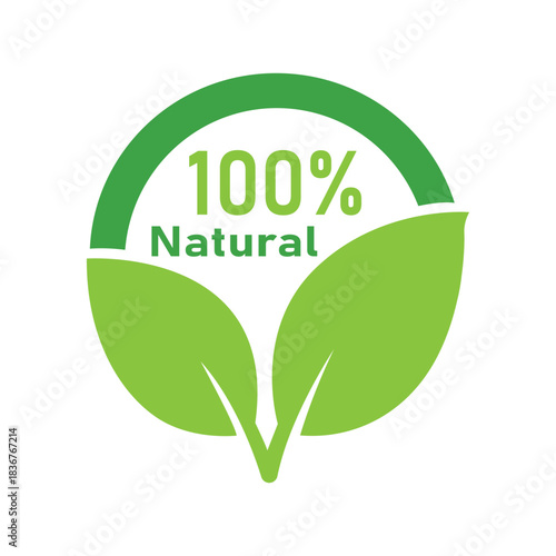100% Natural Green Leaves Eco-Friendly Product Label Icon Vector