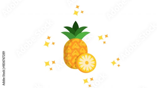 Looping animation of a bright yellow pineapple with a sliced piece and shiny sparkle effects on a transparent background. Perfect for tropical themes, summer visuals, food graphics, and creative