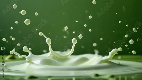 Matcha milk splash frozen mid-air with floating drops, crisp product lighting, smooth motion
