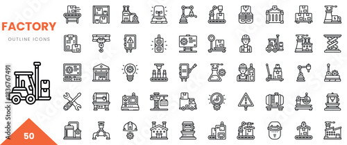 Collection of factory outline icons showcasing machinery, tools, and equipment.