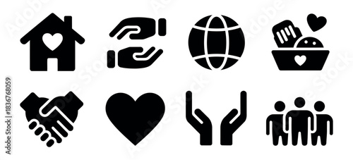 Charity Icon Collection in Black. Giving Hands, Food Box, House with Heart, and Global Aid Vector Symbols