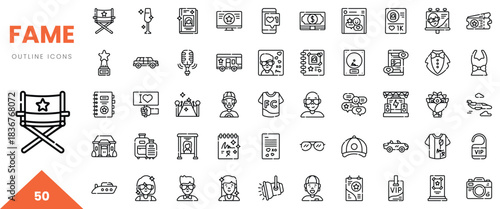 A collection of 50 outline icons representing fame, including awards, cameras, and celebrity symbols.