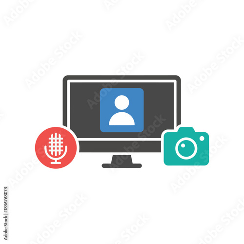 video conference on a computer demonstrating remote communication with a microphone and camera ideal for technology and virtual connection needs.