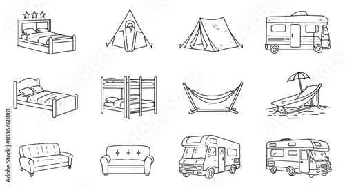 vacation icon set travel lodging and accommodation icons for resorts and campsites illustrating summer holiday leisure and lodging options