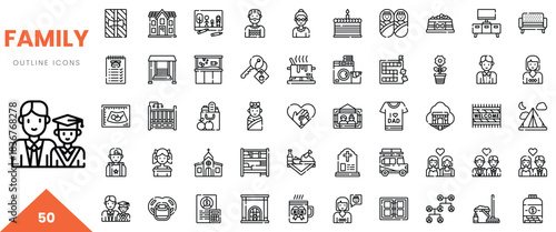 A diverse set of family-themed outline icons representing various moments and activities.