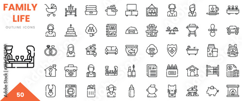 Illustrative icons showcasing various aspects of family life in a minimalist black and white design.