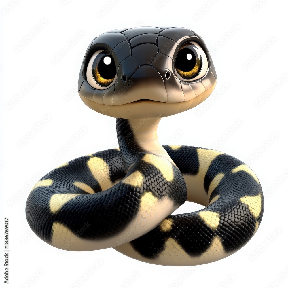 Fototapeta premium Adorable cartoon snake with big, expressive eyes against a clean white background, perfect for children's books or educational content about reptiles