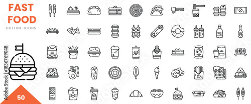 A collection of outline icons representing various fast food items and beverages.