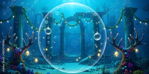 Fototapeta Naklejka Na Ścianę i Meble -  Enchanted Underwater City Christmas: AI Art of Submerged Ruins & Festive Lights