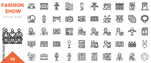 Stylish fashion show icons depicting designs, models, and photographers with a modern outline style.