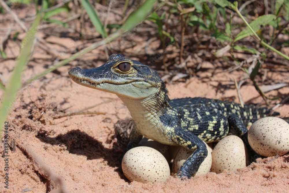 Naklejka premium Baby crocodile next to eggs in its natural environment