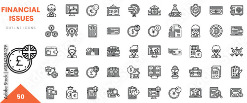 A collection of financial issue outline icons, showcasing analytics, currency, and budgeting concepts.