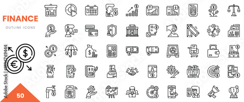 Collection of finance-themed outline icons showcasing various money-related concepts.