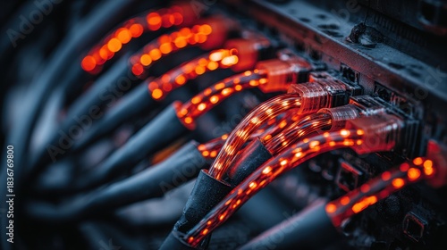 Close up of illuminated network cables with bright orange glow