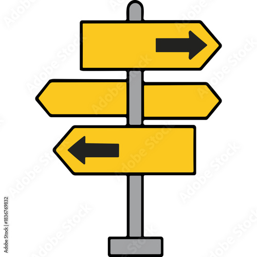 Yellow Directional Signpost With Black Arrows Indicating Multiple Directions Against A Solid Black Background With A Simple Base And Pole