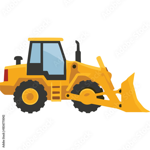 Yellow front loader construction vehicle with large bucket and tires on a transparent background