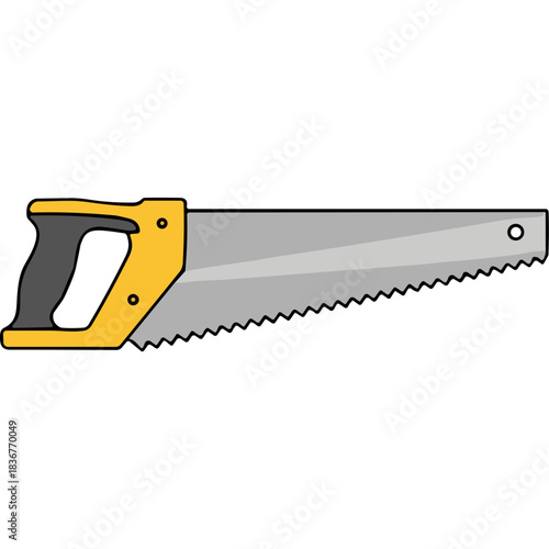 Yellow Hand Saw Tool With Grey Metal Blade And Black Grip Isolated On Black Background For Cutting Wood In Workshop And Construction Site