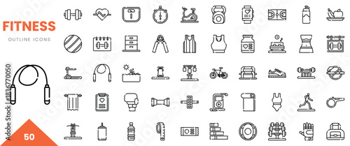A diverse collection of black outline fitness icons, depicting health and exercise gear.