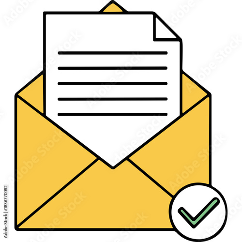 Yellow Open Envelope with White Paper Document and Green Check Mark Icon Symbolizing Verified Communication and Successful Mail Delivery