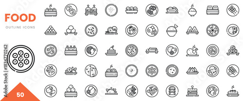 Variety of delicious food outline icons, showcasing diverse cuisines and dishes.
