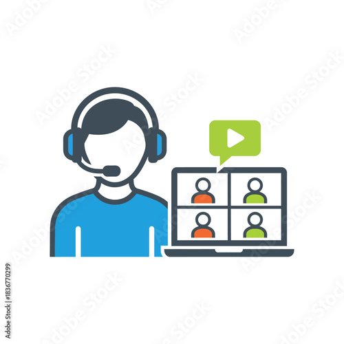 Virtual meeting with four participants displayed on a laptop screen representing remote work collaboration and digital communication technology.