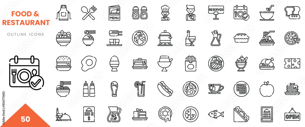 Fototapeta premium A collection of outline icons representing various food and restaurant elements, ideal for menus.