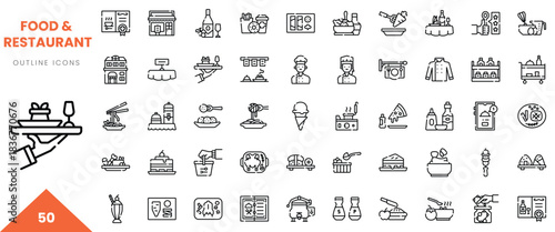 A collection of varied food and restaurant outline icons including dishes, beverages, and utensils.