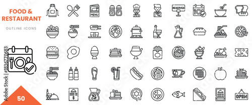 A collection of outline icons representing various food and restaurant elements, ideal for menus.