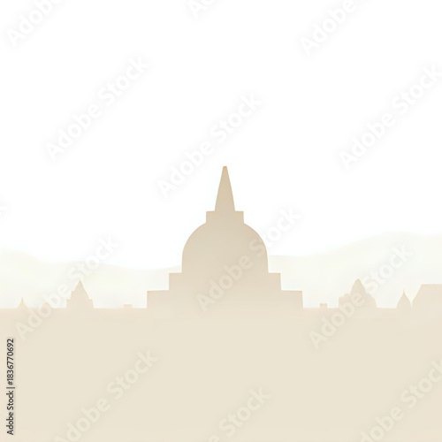 Serene silhouette of a Buddhist stupa against a misty, mountainous backdrop, evoking a sense of peace and spirituality