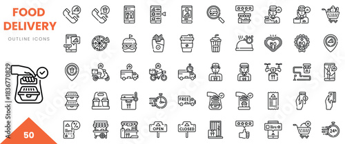 Collection of food delivery outline icons in a modern design showcasing various services and items.