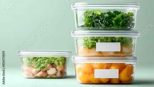 Stacked containers filled with fresh salad greens and fruits ready for meal prep and healthy eating.