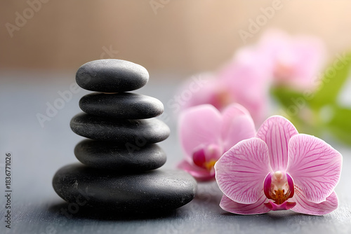 Zen stones stacked harmoniously with vibrant orchids, promoting tranquility and balance in a serene setting.