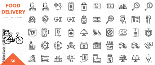Collection of food delivery outline icons showcasing various related elements and services.