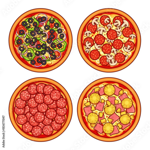 Four delicious pizzas with different toppings isolated on