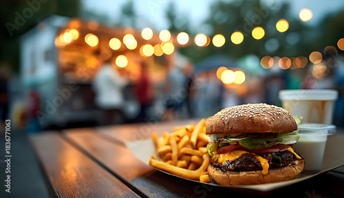 Delicious hamburger with fries on a wooden table, perfect for outdoor food enthusiasts and gatherings.