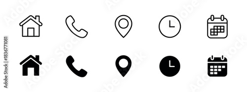 Interface Icon Set. Phone, Home, Location Pin, Clock, and Calendar Vector Illustration for Contact Design