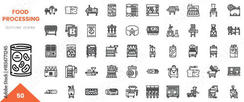 Collection of black and white food processing outline icons featuring various kitchen equipment.