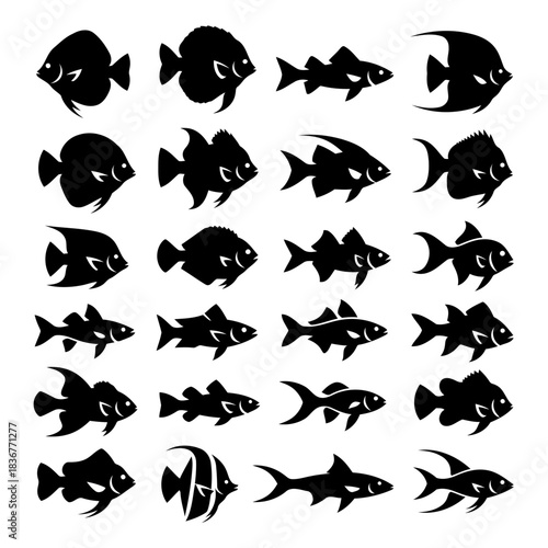 Collection of various fish silhouettes in black and white, isolated on