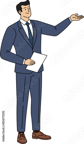 business man stand with explain presentation holding document isolated vector illustration