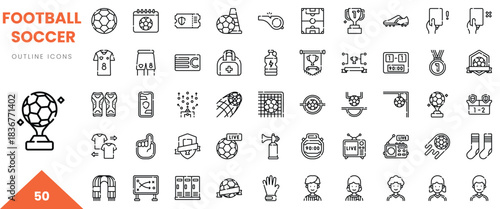 Collection of 50 outline icons representing various aspects of football (soccer) activities.