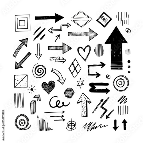 Collection of various black and white icons and symbols on