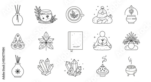 wellness icons calming line art elements illustrating relaxation meditation holistic health perfect for spa designs yoga studios natural therapy visuals