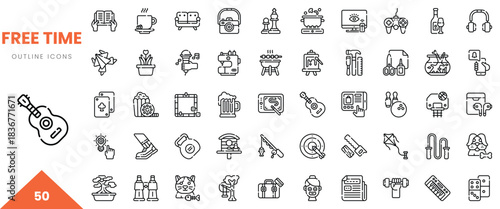 Collection of minimalist outline icons representing various leisure activities and hobbies.
